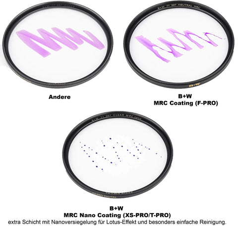 Three clear protection filters for camera lenses, including a B+W MRC Nano Coating, showcasing differences in coating effectiveness.