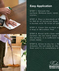 Person using cleaning spray bottle on wood floor with instructions for Wood Care Soap For Floors, Furniture, And Cabinets Non Caustic Concentrate 1 Liter Easy Mix One Half Tablespoon In 750 Milliliters Of Water Yields About Thirteen 750 Milliliter Spray Bottles Safe On Most Wood Finishes.