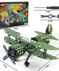 Metal Plane Toy Buildable Fighter Jet Kit for Kids and Teens with propeller, double wing cockpit, and tailplane model.