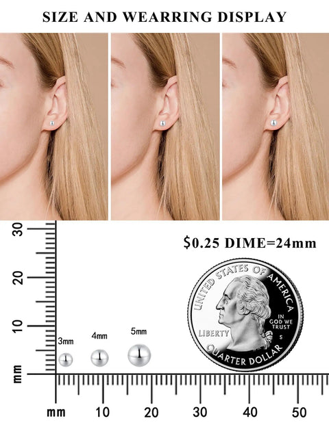 Sterling Silver Ball Screw Back Earrings for Women, Hypoallergenic 925 Studs With Safety Screw Back Posts, Nickel Free and Gentle on Sensitive Ears, Lightweight Dainty Jewelry for Everyday Wear, 5mm size display