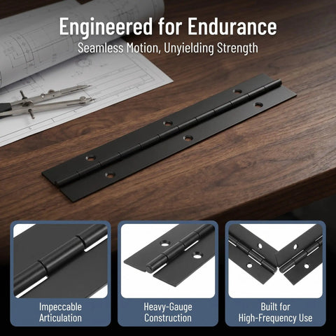 4 Pack Black Stainless Steel Piano Hinges For Wooden Chests And Tool Boxes, displayed on a wooden table with blueprints and tools.