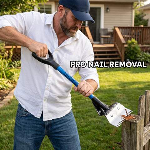 Legit Heavy Duty Two In One Roof Shingle Removal Shovel With Built In Nail Puller Comb And Short D Handle Made From Tough Carbon Steel To Make Your Reroofing Jobs Hella Easier in use for nail removal.