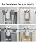 Smart Curtain Motor With Wireless App Control And Timers Works With Alexa Google Home And IFTTT Hub Ready For Smart Home Setup Rod20 Version White Easy No Tool Installation For Smooth Sliding, showing compatibility with various curtain types including back tap, grommet, tab top, and ring top.