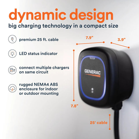 Level 2 Plus 48 Amp EV Charger, compact wall-mounted unit, premium 25 ft cable, indoor outdoor rugged design
