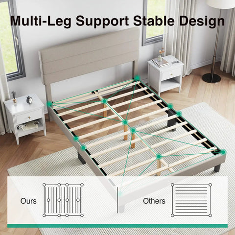 Queen Bed Frame With Upholstered Linen Striped Headboard And Adjustable Height Wood Slat Support Hella Sturdy Design showcasing multi-leg support design.