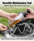 Sdidzad 500cc Auto Fluid Extractor Manifold Vacuum Oil Suction Syringe With Two Short Tubes Leak Proof Maintenance Tool For Cars And Suv in use extracting oil from a lawnmower.
