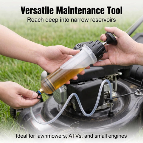Sdidzad 500cc Auto Fluid Extractor Manifold Vacuum Oil Suction Syringe With Two Short Tubes Leak Proof Maintenance Tool For Cars And Suv in use extracting oil from a lawnmower.