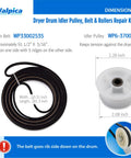 Dryer Drum Support Roller Belt Idler Pulley Repair Kit dimensions with WP33002535 belt and WP6-3700340 pulley for Neptune.