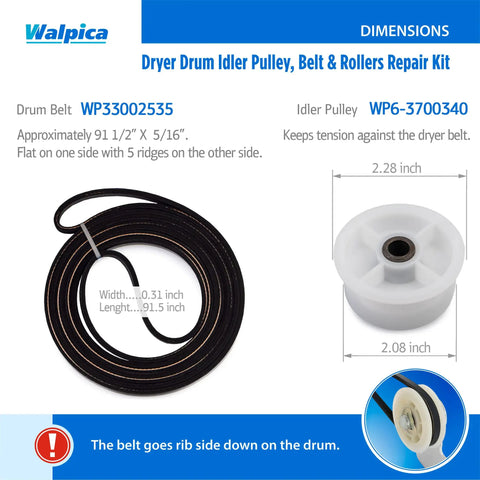 Dryer Drum Support Roller Belt Idler Pulley Repair Kit dimensions with WP33002535 belt and WP6-3700340 pulley for Neptune.