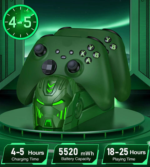 Upgraded Dual Controller Charger Dock With 2x5520mWh Rechargeable Battery Packs For Xbox One Series X S Controllers Green Finish