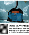 4 Pack 17x17 Inch Pond Pump Barrier Bags Mesh Filter Bags in use with pump, blue and black mesh, in water setting