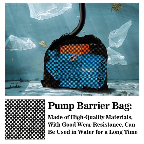 4 Pack 17x17 Inch Pond Pump Barrier Bags Mesh Filter Bags in use with pump, blue and black mesh, in water setting