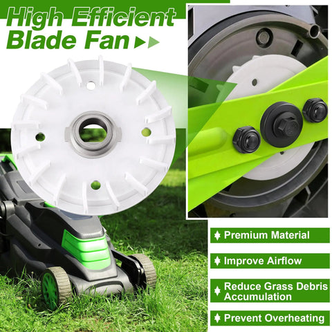 Lawn Mower Blade Replacement Kit For 21 Inch Dual Blade Mowers With fan, bolts, nuts on grass, highlighting durability and efficiency.