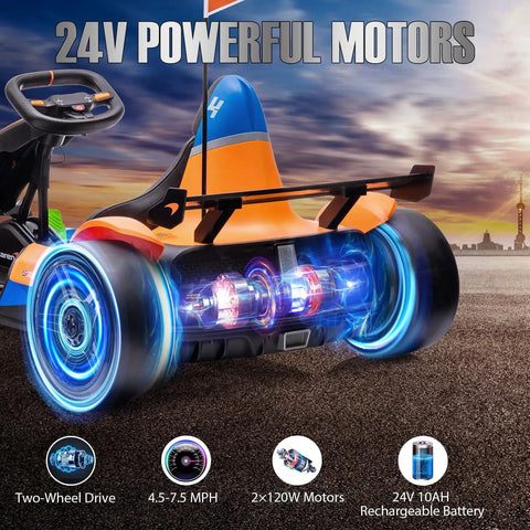 Side view of Licensed McLaren Electric Go Kart For Kids With Drift Pedal, 24V dual motors, and LED lights on road.
