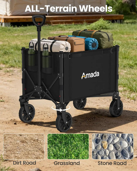 Heavy Duty Foldable Wagon Cart With Wheels, 120L Capacity loaded with camping gear on gravel path