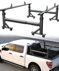 Adjustable Aluminum Truck Ladder Rack With Side Bar Clamp On No Drill Install Fits F150 Silverado Ram Sierra Heavy Duty 1100 Lbs Capacity Haul Ladders Kayaks Bikes With Quick Release Knobs And 4 Position Height 19 To 25 Inches, on white pickup bed