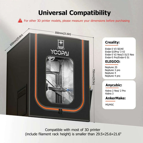 Adjustable Ventilation Kit for 3D Printer Enclosure showing compatibility with various models