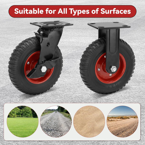 8 Inch Heavy Duty Rubber Casters With 2200 Lbs Load Capacity Set Of Four for industrial carts, knobby tread wheels on various surfaces