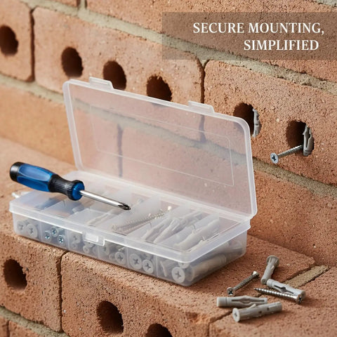 Nylon Wall Plug And Screw Anchor Kit For Drywall Hollow Brick And Foam Block in use with open case and screwdriver