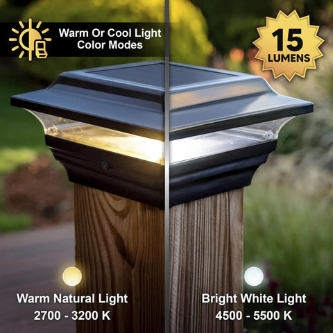 Black Solar Post Cap For 4x4 And 3.5x3.5 Posts With Auto On At Dusk Keeps Your Deck Lit All Night High Performance LED Durable Cast Aluminum Warm And Cool Light Modes Fits Decks And Fences