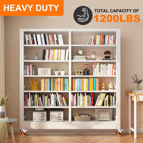 Heavy duty bookshelf on caster wheels, holding books and decor, with 1200 lbs capacity label at the top. Room setting.
