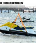 Heavy Duty Watercraft Lift Sling for Material Handling With Thickened Marine-Grade Polyester Strap And Reinforced Steel Bracket Ensures Secure Lifting For Jet Skis And Small Boats Up To 1500lb Capacity, lifting a yellow jet ski.