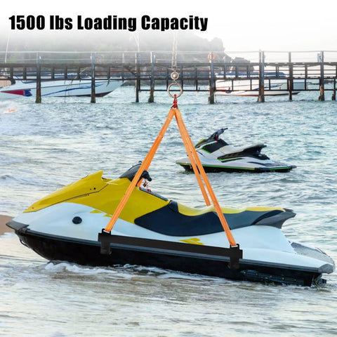 Heavy Duty Watercraft Lift Sling for Material Handling With Thickened Marine-Grade Polyester Strap And Reinforced Steel Bracket Ensures Secure Lifting For Jet Skis And Small Boats Up To 1500lb Capacity, lifting a yellow jet ski.