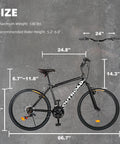Black 26 inch mountain bike with sturdy aluminum and steel frame, 21 speed, front and rear V brakes, lockout suspension, size measurements