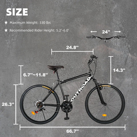 Black 26 inch mountain bike with sturdy aluminum and steel frame, 21 speed, front and rear V brakes, lockout suspension, size measurements