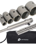 Life Palette hole saw kit with five hole saws (30–70mm), arbor and masonry bits in a carrying pouch