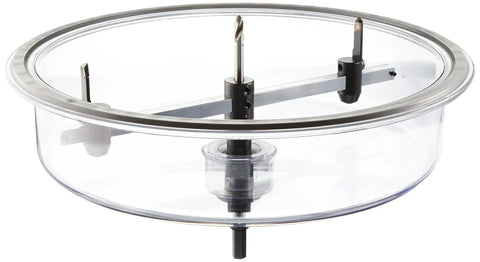 Dual Bladed Hole Cutter Cuts Two And One Quarter Inch Holes Fast And Easy To Assemble Cleaner Installations Far Easier Than Traditional Speaker Cutters Ideal For Pros And DIYers Tackling In Wall Or Ceiling Speaker Cutouts, adjustable tool shown with clear plastic guard