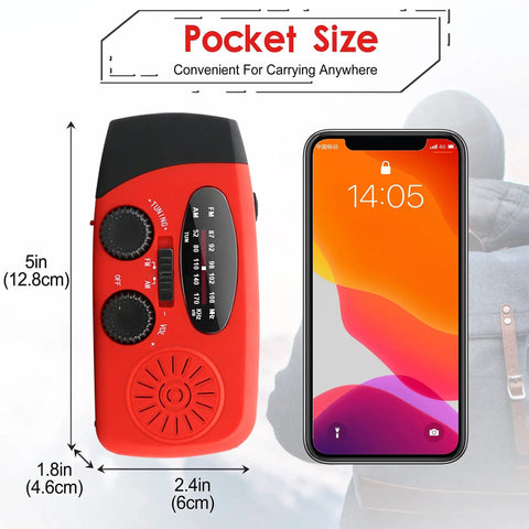 Emergency Hand Crank Radio With LED Flashlight AM FM NOAA Weather Radio 2000mAh Power Bank next to smartphone for size comparison