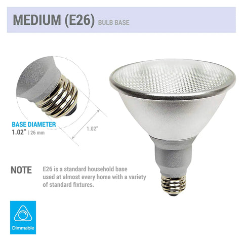 LED PAR38 Flood Light Bulbs Pack of 2 No Brainer 18W 100W Equivalent E26 base shown with dimensions and dimmable feature