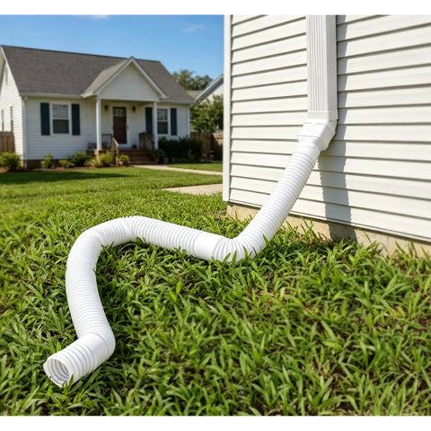 Extendable 16.5Ft Gutter Downspout Extension Pipe For 2x3 And 3x4 Downspouts, installed on house, extending over lawn, white finish