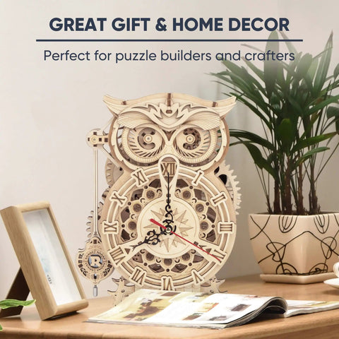 3D Wooden Clock Kit For Adults Dope Owl Mechanical Puzzle Kit DIY Build Set, Brain Teaser Educational Hobby Craft For Teens, Desk Decor And Gift Idea For Puzzle Lovers, wooden owl clock on desk