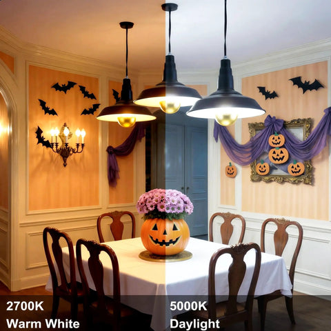 Half Chrome Gold Tipped LED Filament Bulbs Dimmable A19 6W 60W Equivalent Warm White 2700K E26 Base Antique Edison Style Decorative Light Bulbs Pack of 4 Anti Glare illuminating a festively decorated dining room showcasing Halloween decor with pumpkins and bats.