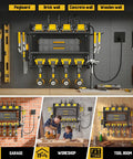 Power Tool Organizer With Built In Charging Station Six Outlets And Three Layer Wall Mounted Drill Storage Rack For Cordless Tools With Utility Shelf No Cable Chaos Garage Organization For Workshop Black installed on various wall types