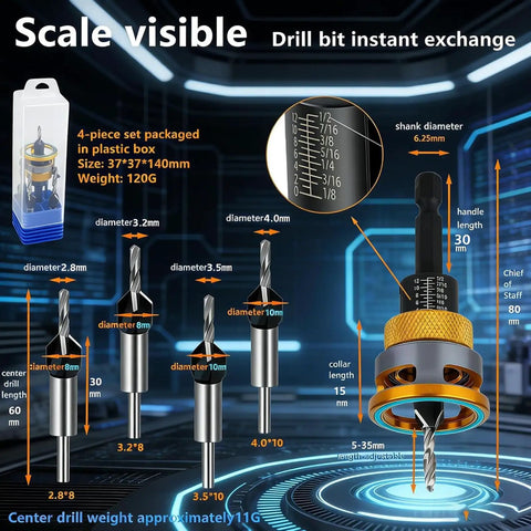 Four Piece Countersink Drill Bit Set With Adjustable Depth Stop And L Shape Wrench For Woodworking HSS Four Blade Countersink Bits For Wood And Plastic DIY Pros Will Love Case Included, showing 4-piece bits with scale markings in plastic box.