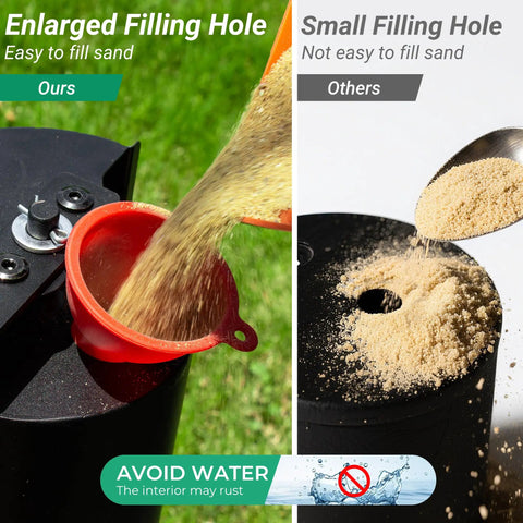 Comparison of enlarged filling hole in Dope Lawn Striper Kit For Push Mowers With Heavy Duty Stainless Steel Roller and small filling hole