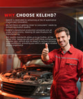 Mechanic in red uniform giving a thumbs up in front of a car with text about KeleHD automotive chassis parts innovation.