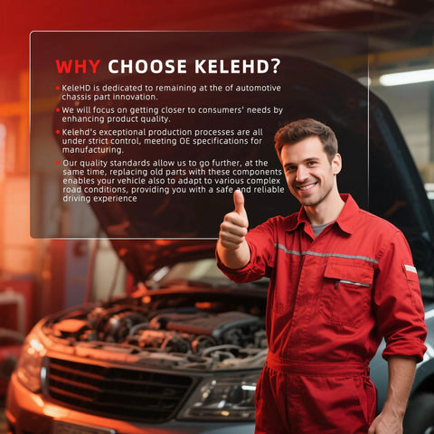 Mechanic in red uniform giving a thumbs up in front of a car with text about KeleHD automotive chassis parts innovation.