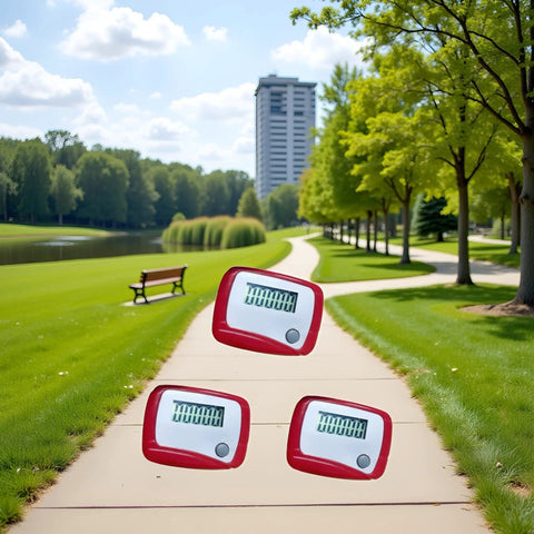 Pocket Size LCD Pedometer Step Counter For Walking And Running Red Mini Digital Fitness Tracker Tracks Steps Miles Calories Exercise Time Distance And Daily Target Monitor Must Have Compact Portable Gadget, red plastic, front view