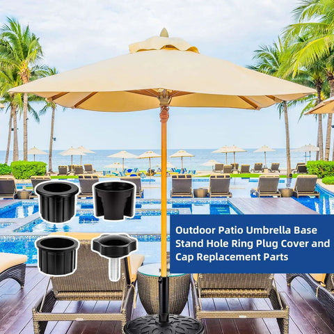 8 Piece Outdoor Patio Umbrella Base Replacement Parts Kit with poolside view, featuring umbrella hole rings and stabilizers.