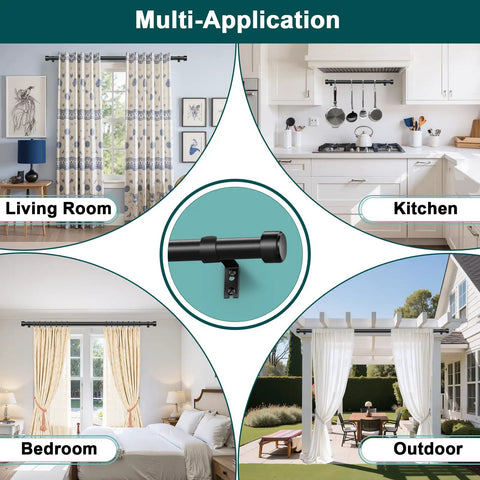 Heavy Duty Adjustable Curtain Rod For Windows 72 To 144 Inch 1 Inch Diameter Black in living room, kitchen, bedroom, and outdoor