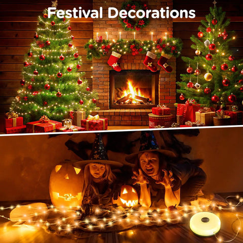Festive Christmas trees and Halloween pumpkins lit by Camping String Lights 32.8 Ft Rechargeable 4 In 1 Tent Lights