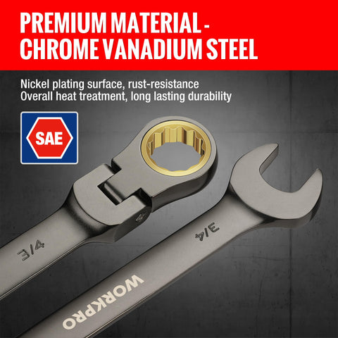 Eight Piece Flex Head Ratcheting Wrench Set For SAE Five Sixteenths To Three Quarters Inch With 72 Tooth Ratchets CR V Construction Nickel Plated Durable Organizer Bag Included For The Garage Boss