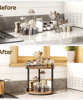 Smooth Two Tier Lazy Susan Rotating Spice Rack Brings A No Sweat Game Changer To Your Kitchen Countertop Storage Setup In A Classic Rustic Brown Wood Finish, showcasing before and after organization.