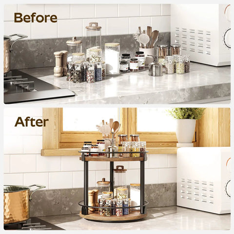 Smooth Two Tier Lazy Susan Rotating Spice Rack Brings A No Sweat Game Changer To Your Kitchen Countertop Storage Setup In A Classic Rustic Brown Wood Finish, showcasing before and after organization.