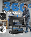 Rolling Tool Cart With Drawers And Pegboard, Heavy Duty Utility Cart On Wheels For Garage And Warehouse, Industrial Mechanic Cart With Three Tier Tool Storage, Tough Steel Build, Black Finish, 360° view with brakes