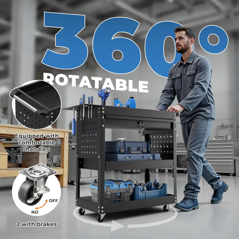 Rolling Tool Cart With Drawers And Pegboard, Heavy Duty Utility Cart On Wheels For Garage And Warehouse, Industrial Mechanic Cart With Three Tier Tool Storage, Tough Steel Build, Black Finish, 360° view with brakes
